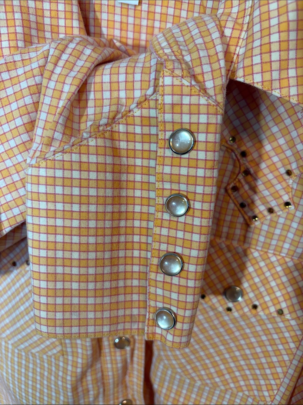 Cruel Girl Orange and White Plaid Western Shirt with snaps and rhinestones - Picture 4 of 4
